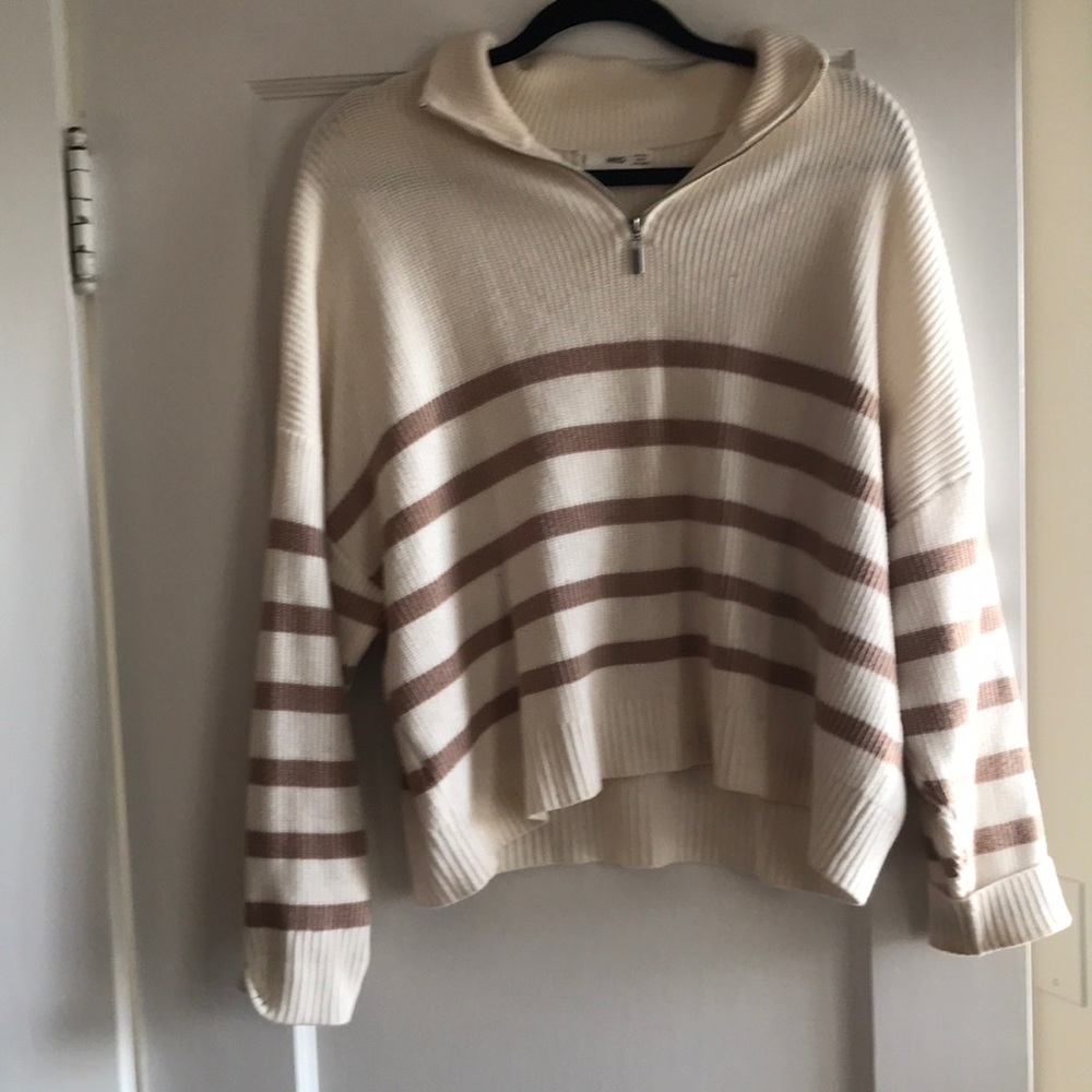 Mango Cream and Brown V-Neck Sweater
